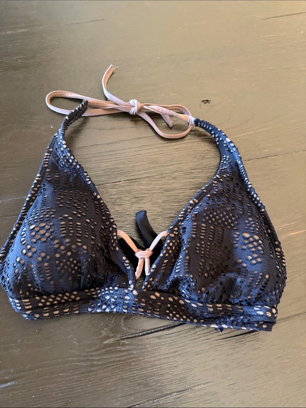 Black Crochet Triangle Bikini Top with beige Ties